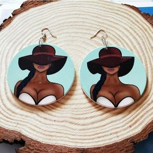 Ponytail Hair Woman Round Circle Dangle Earrings Hat Wood Jewelry